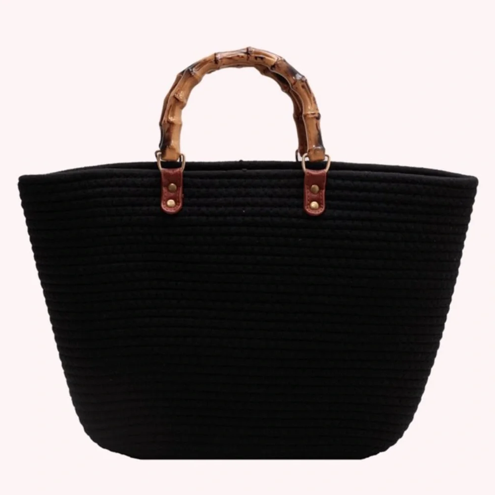 Woven Tote Handbag with Bamboo Resin Handles - Picture 1 of 6